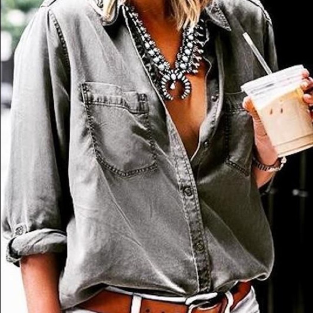 🤩100% silk vintage 80s 90s black button up shirt oversized M